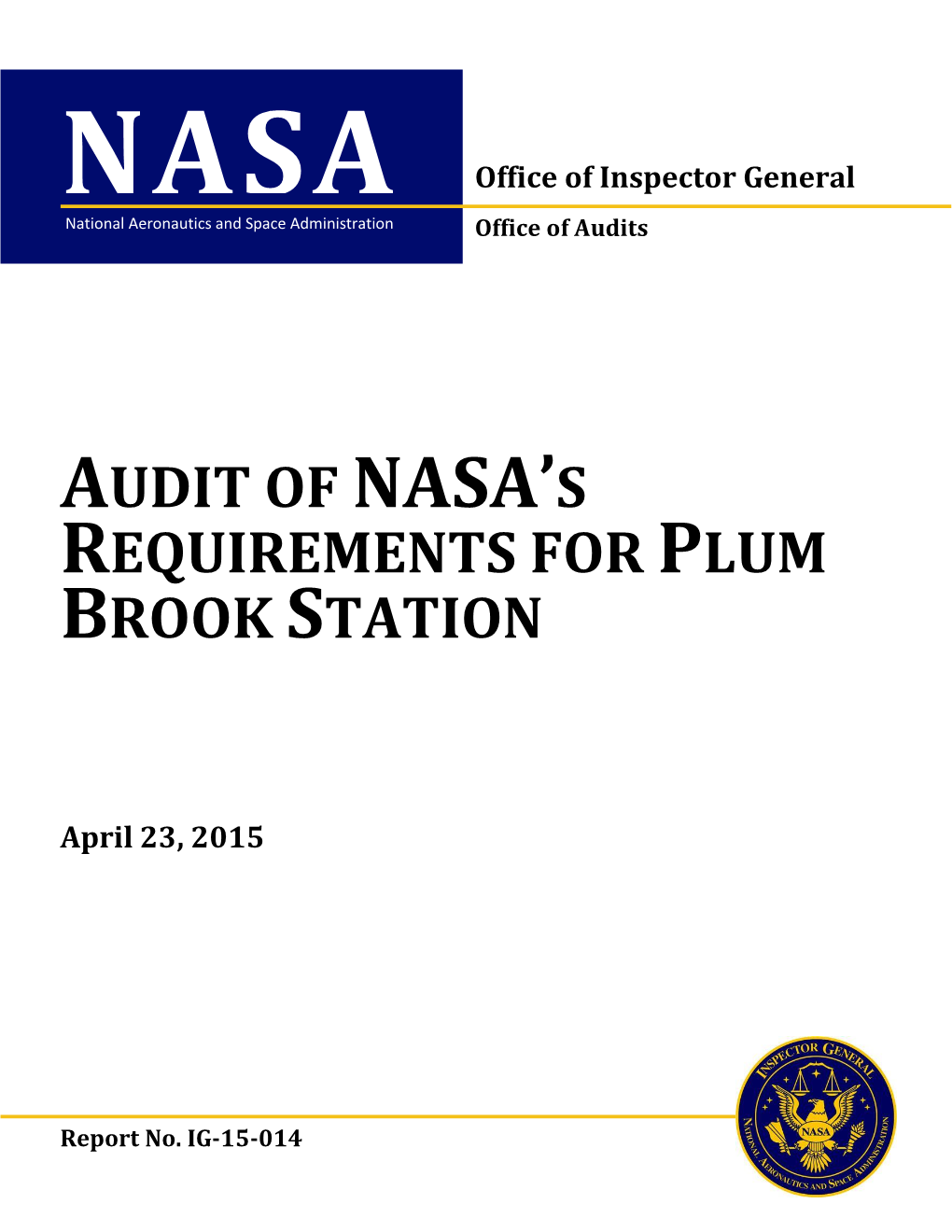 Audit of NASA's Requirements for Plum Brook Station (IG-15-014)