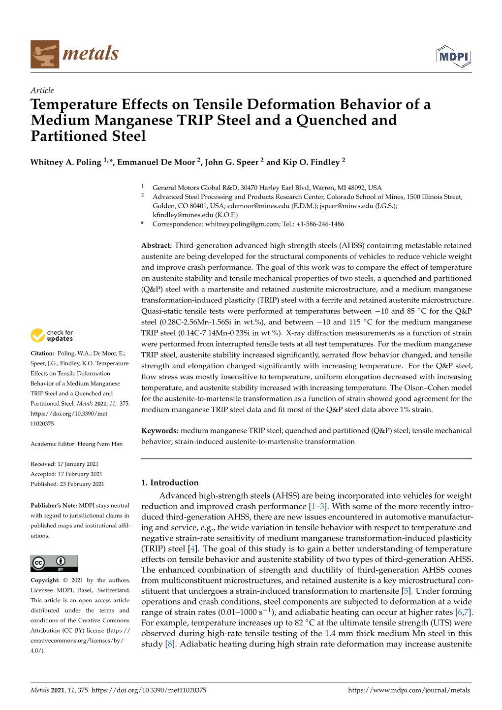 Temperature Effects on Tensile Deformation Behavior of a Medium Manganese TRIP Steel and a Quenched and Partitioned Steel