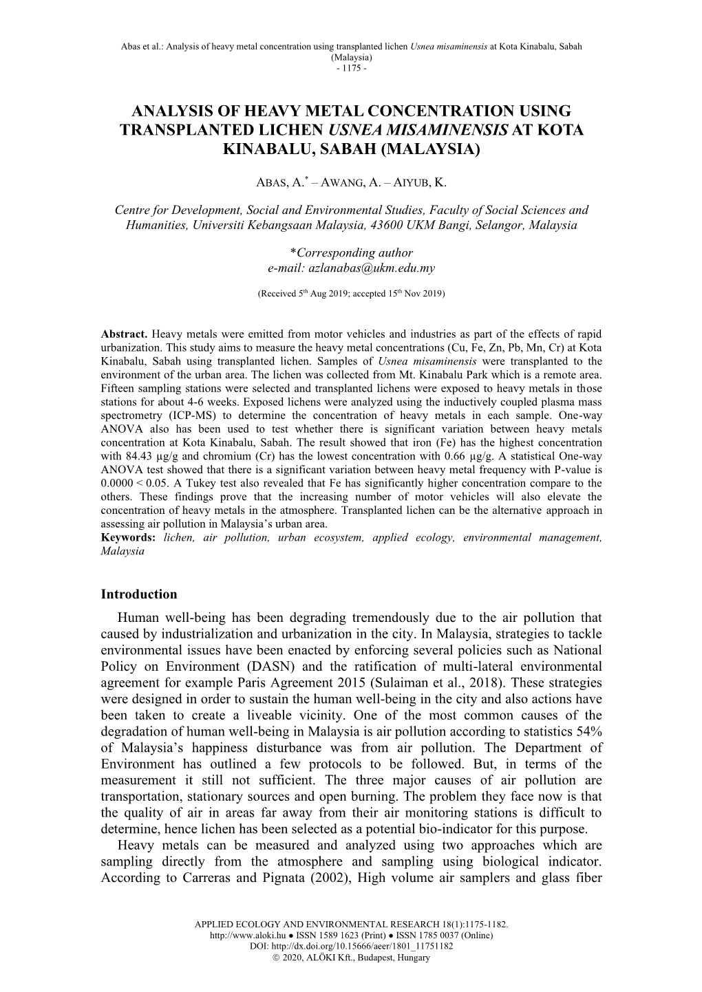 Analysis of Heavy Metal Concentration Using Transplanted Lichen Usnea Misaminensis at Kota Kinabalu, Sabah (Malaysia) - 1175