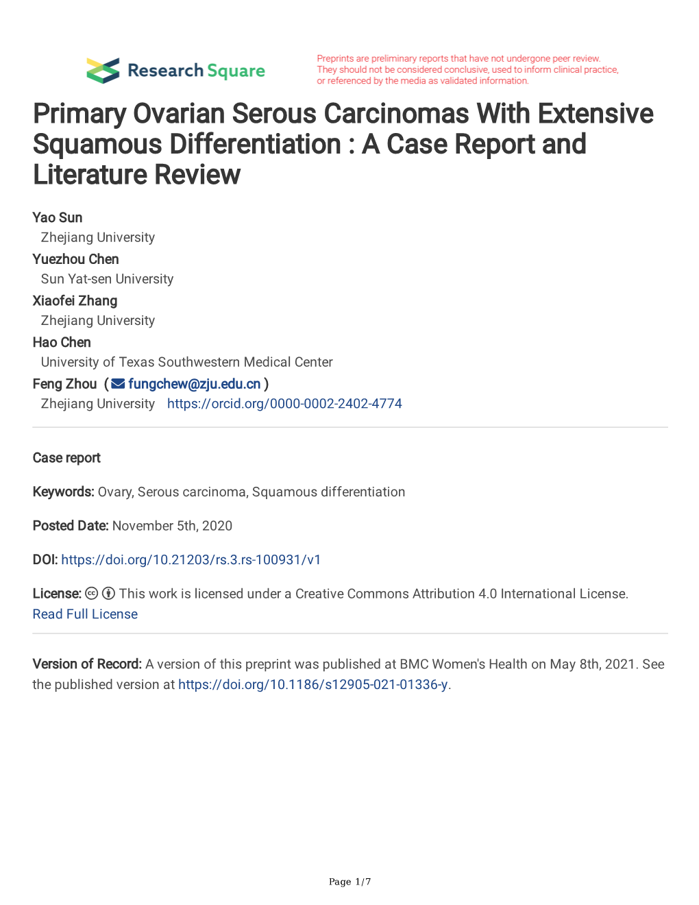 Primary Ovarian Serous Carcinomas with Extensive Squamous Differentiation : a Case Report and Literature Review
