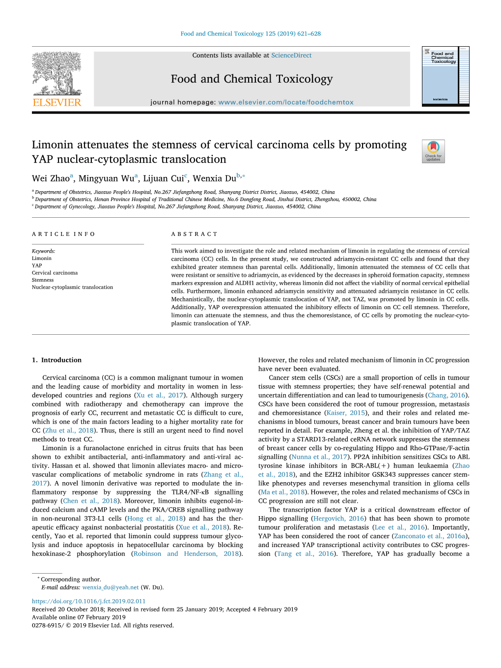 Limonin Attenuates the Stemness of Cervical Carcinoma Cells by Promoting YAP Nuclear-Cytoplasmic Translocation T