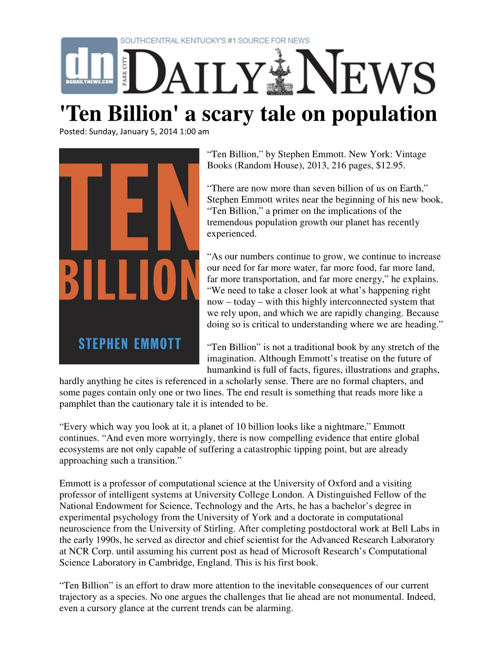 'Ten Billion' a Scary Tale on Population Posted: Sunday, January 5, 2014 1:00 Am