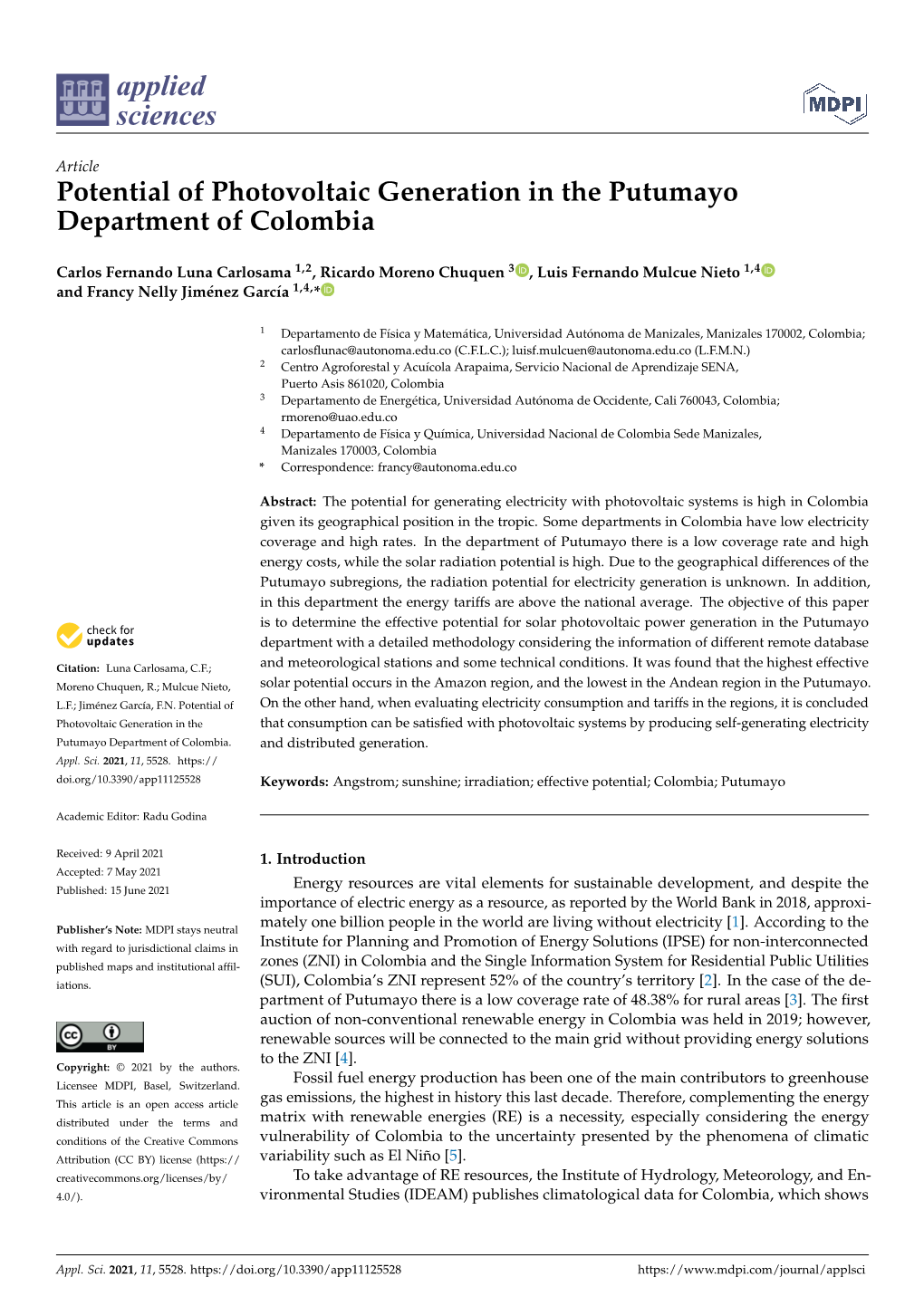 Potential of Photovoltaic Generation in the Putumayo Department of Colombia