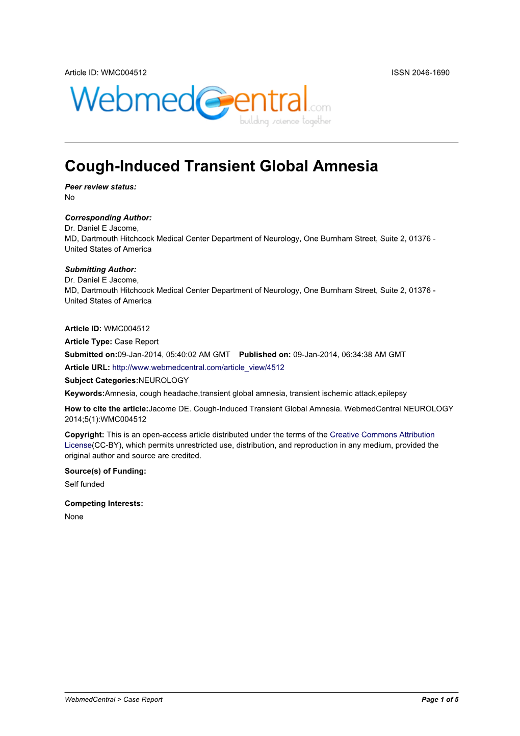Cough-Induced Transient Global Amnesia