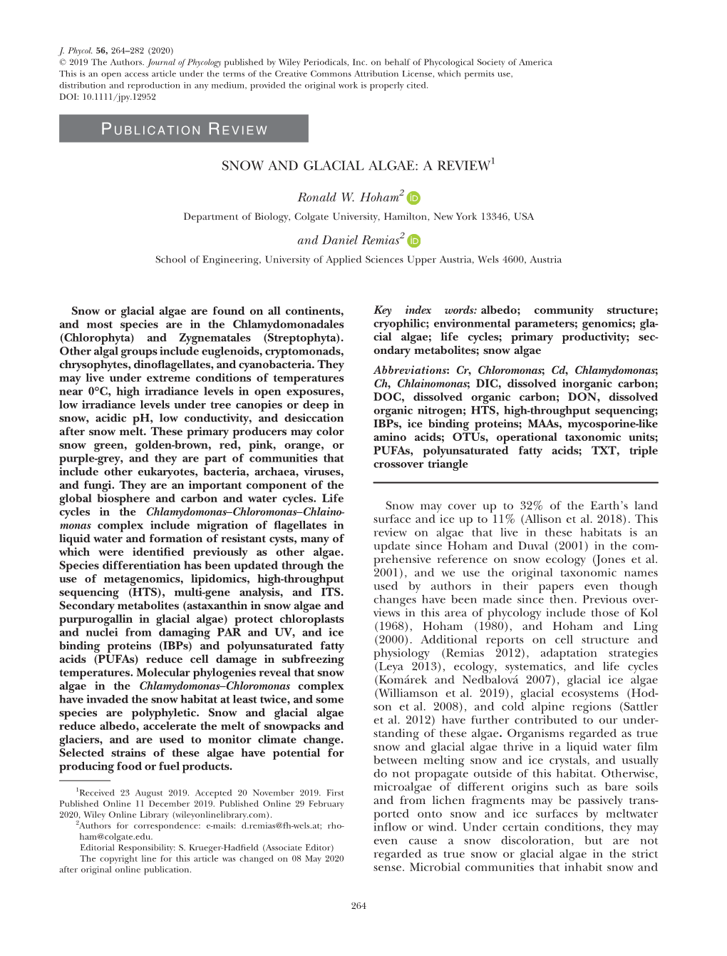 Snow and Glacial Algae: a Review1