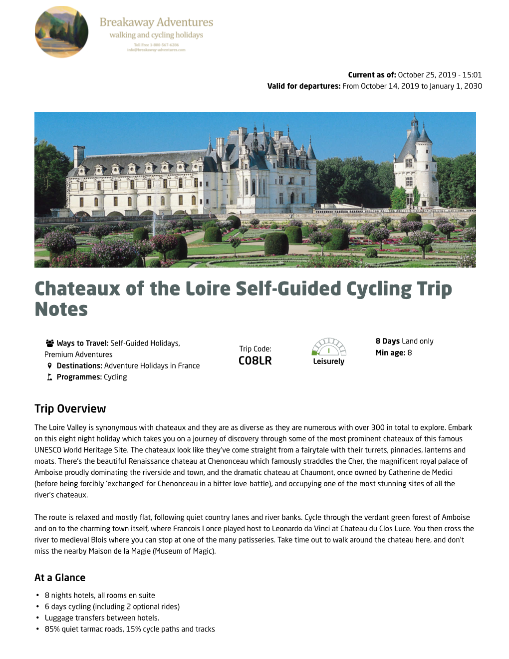 Chateaux of the Loire Self-Guided Cycling Trip Notes