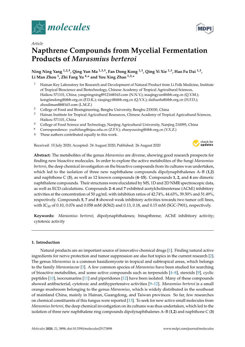 Napthrene Compounds from Mycelial Fermentation Products of Marasmius Berteroi