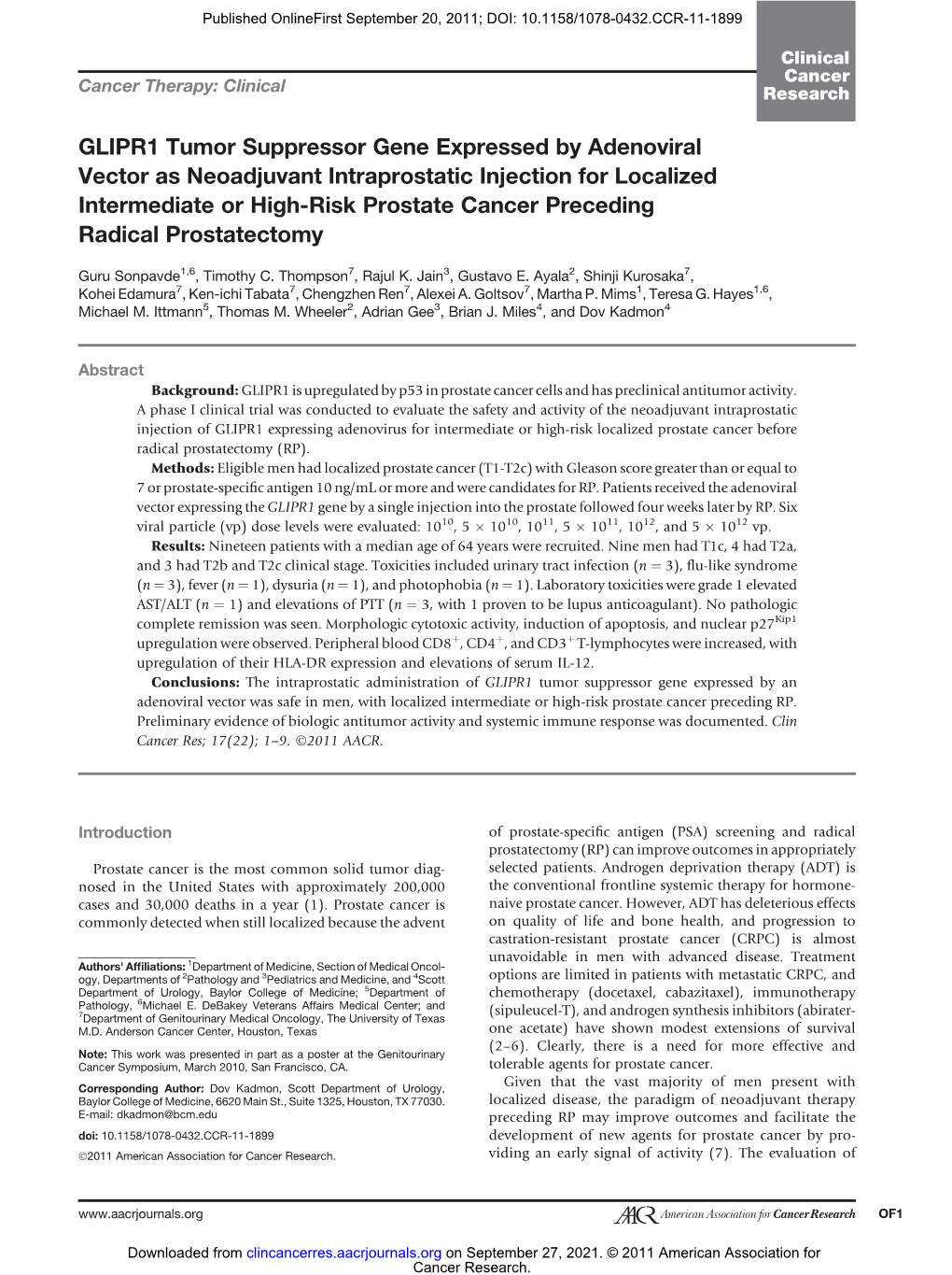 GLIPR1 Tumor Suppressor Gene Expressed by Adenoviral Vector As