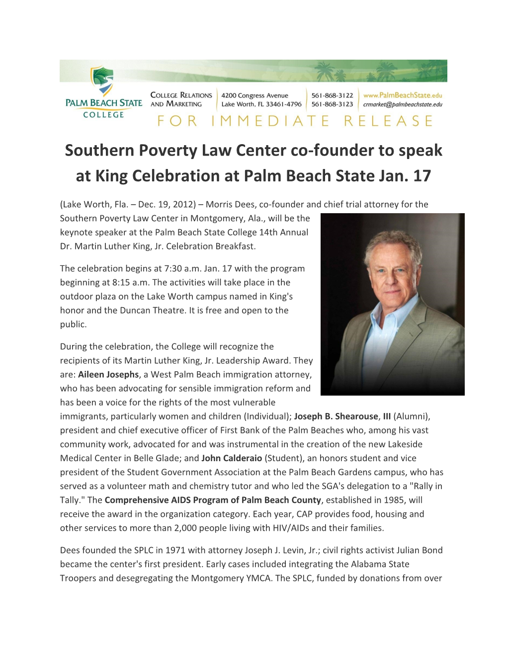 Southern Poverty Law Center Co-Founder to Speak at King Celebration at Palm Beach State Jan