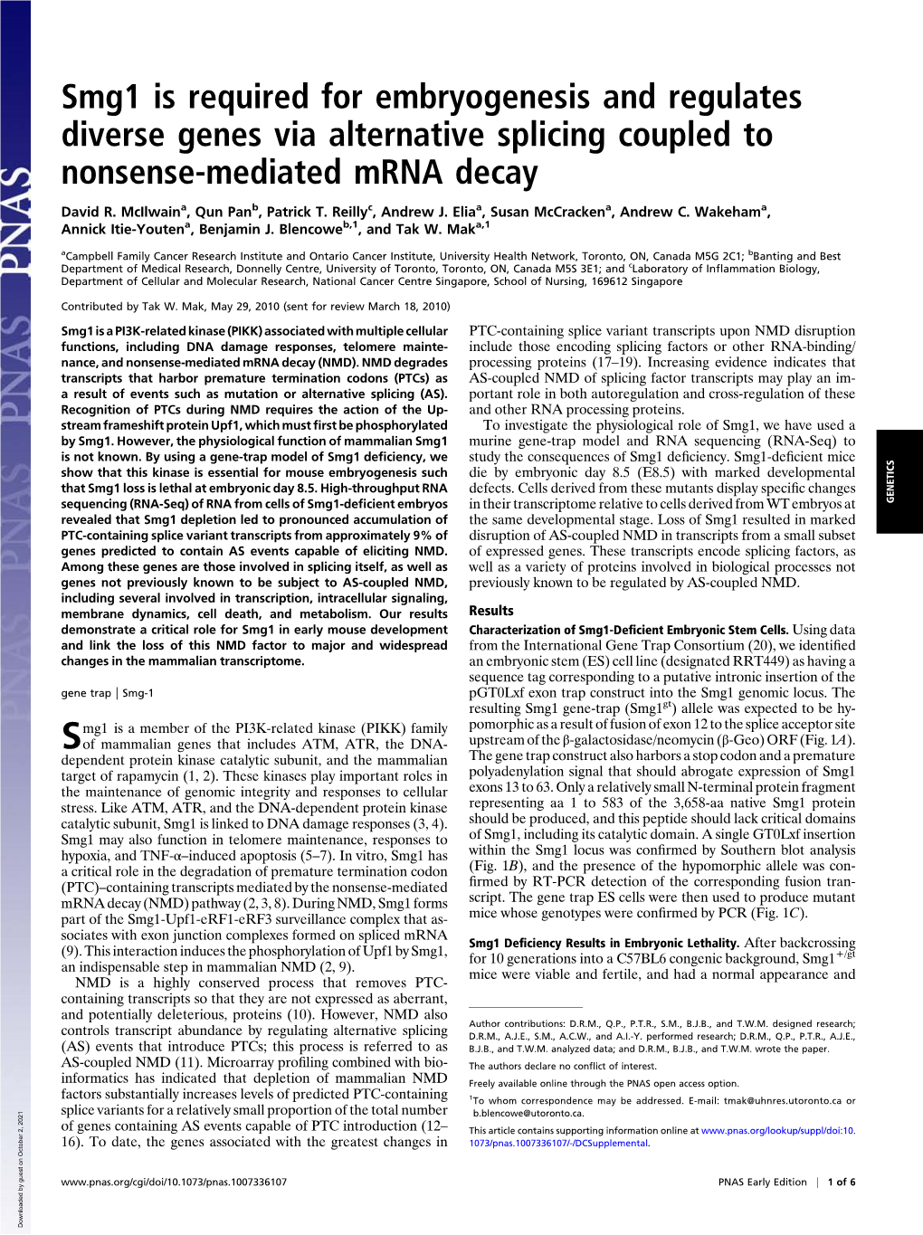 Smg1 Is Required for Embryogenesis and Regulates Diverse Genes Via Alternative Splicing Coupled to Nonsense-Mediated Mrna Decay