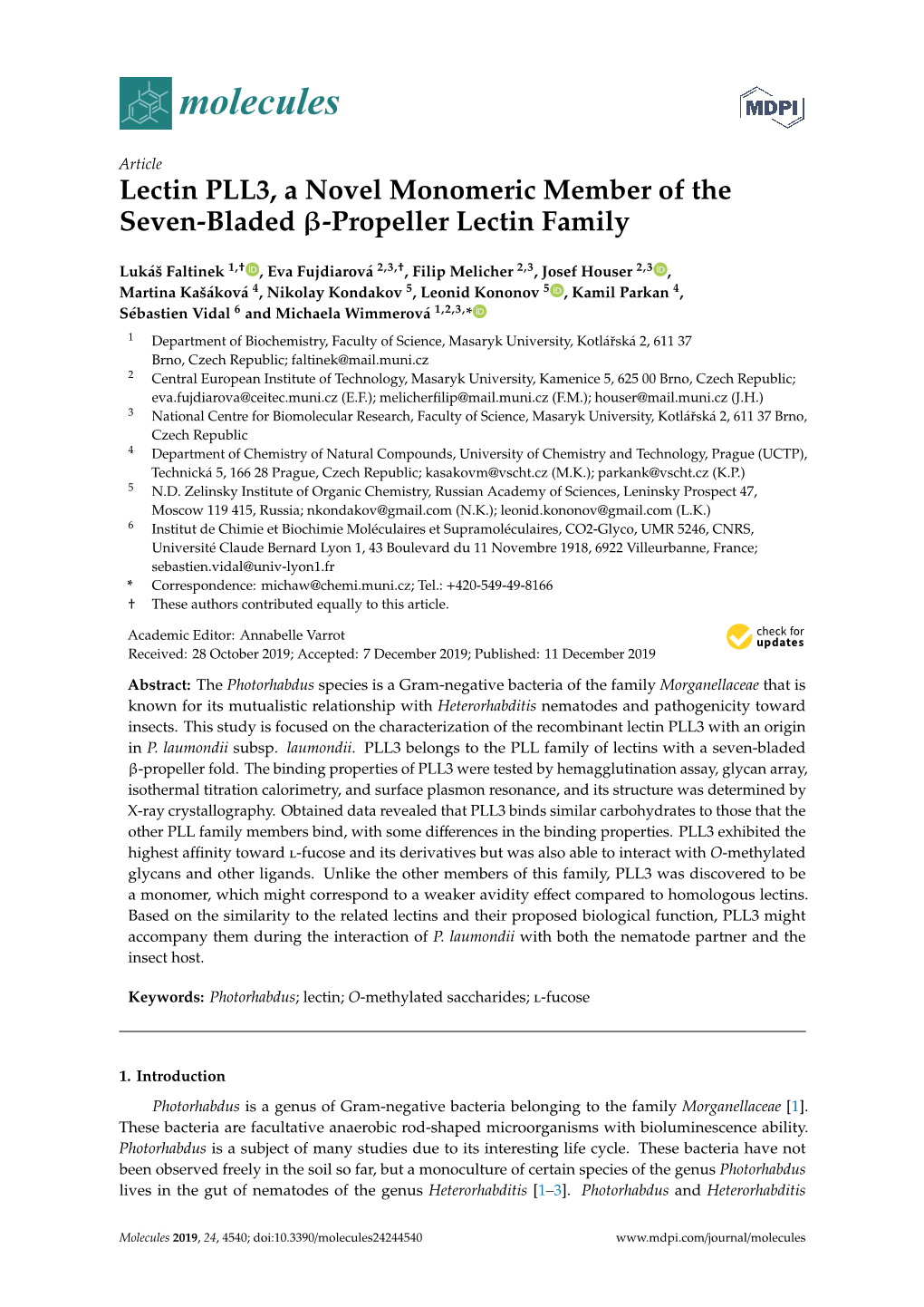 Lectin PLL3, a Novel Monomeric Member of the Seven-Bladed Β-Propeller Lectin Family