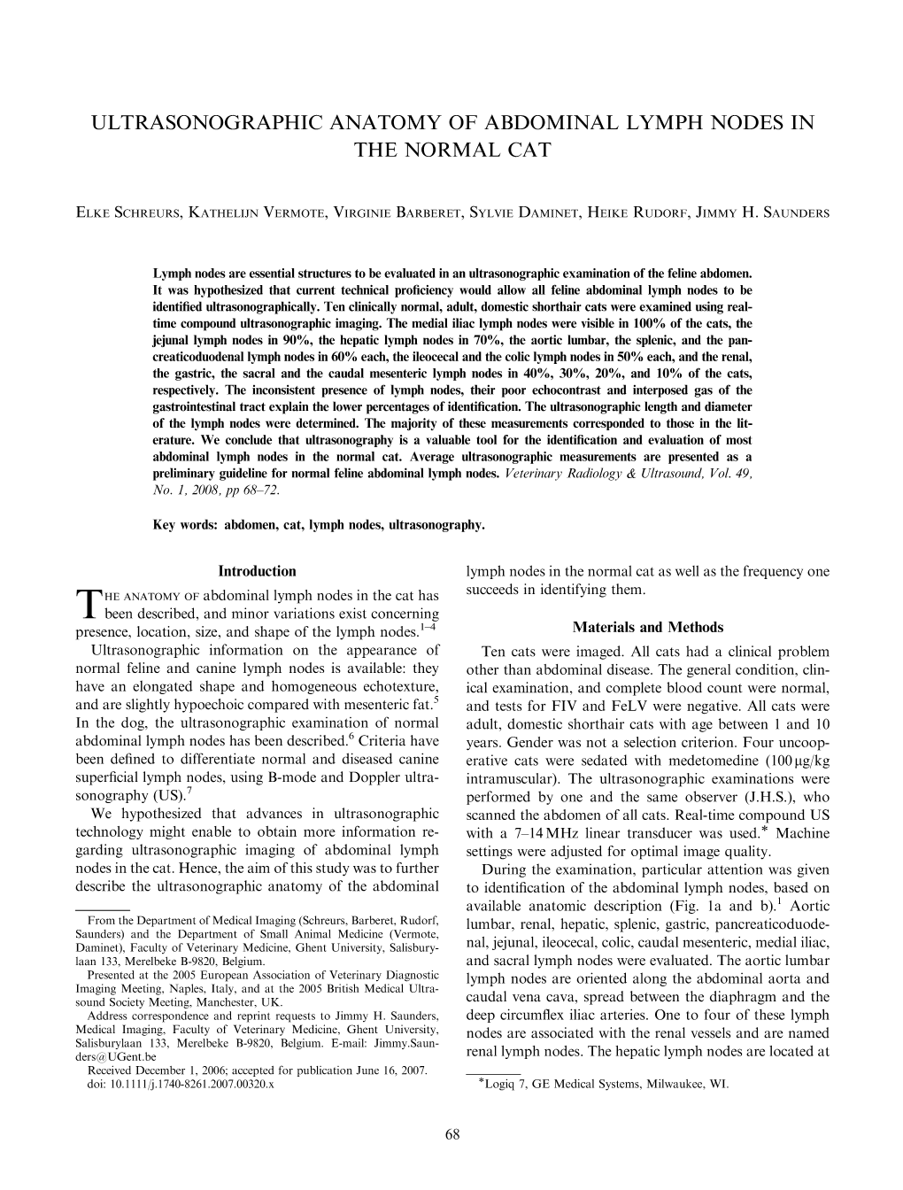 Ultrasonographic Anatomy of Abdominal Lymph Nodes in the Normal Cat