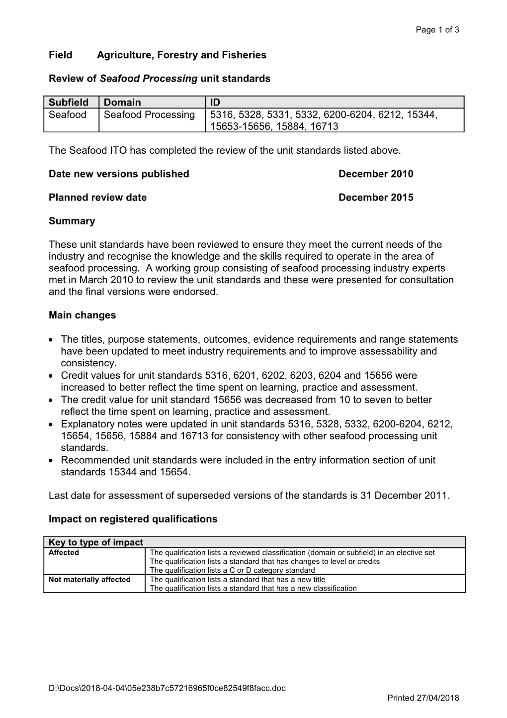 Review of Seafood Processing Unit Standards