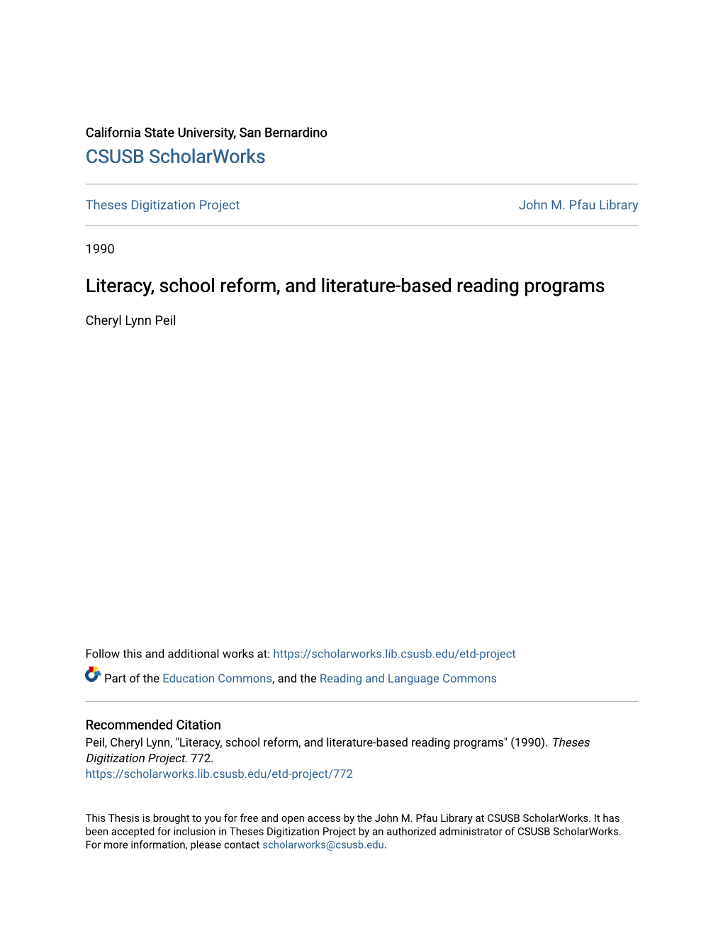 Literacy, School Reform, and Literature-Based Reading Programs