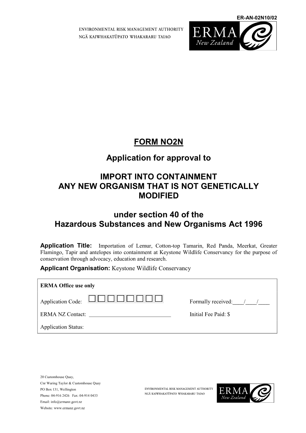 FORM NO2N Application for Approval to IMPORT INTO CONTAINMENT