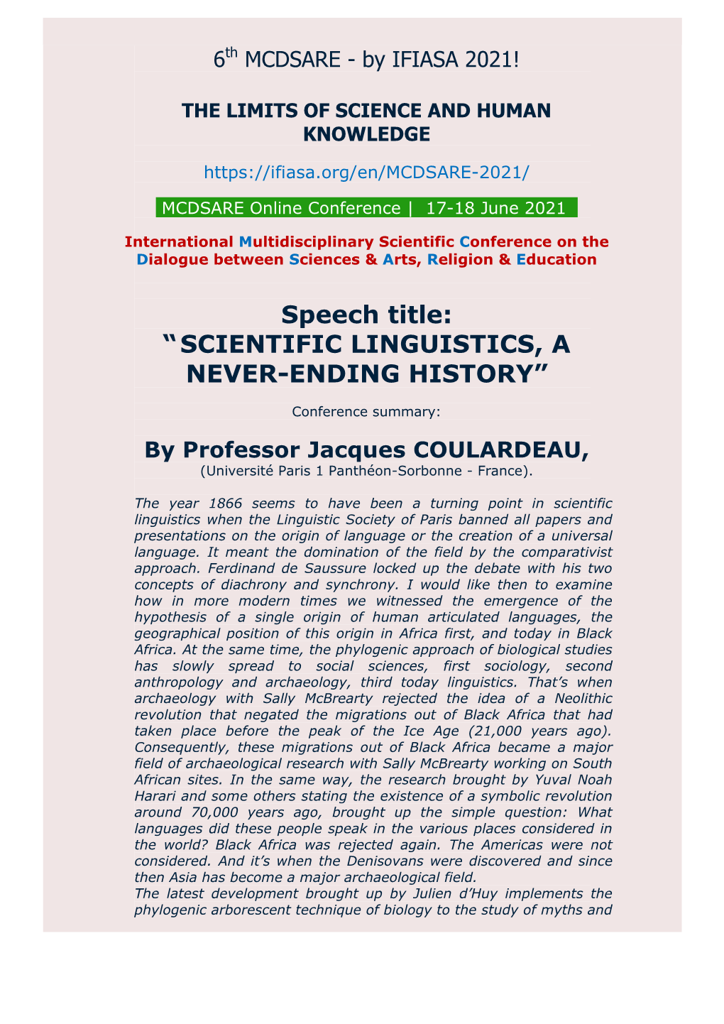 Speech Title: “SCIENTIFIC LINGUISTICS, a NEVER-ENDING