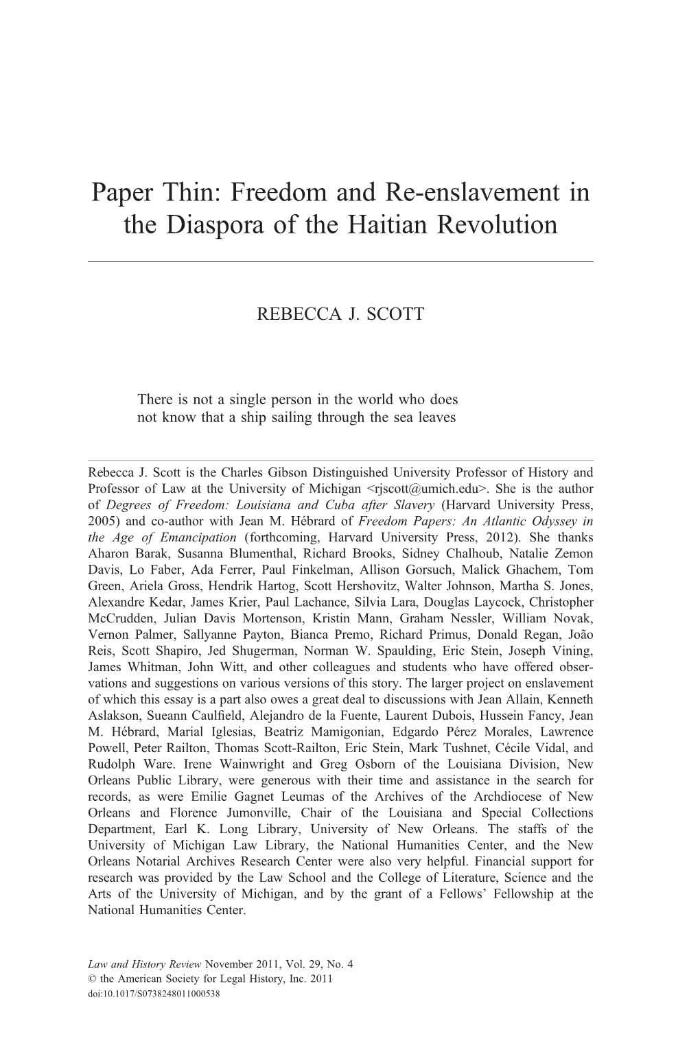 Paper Thin: Freedom and Re-Enslavement in the Diaspora of the Haitian Revolution