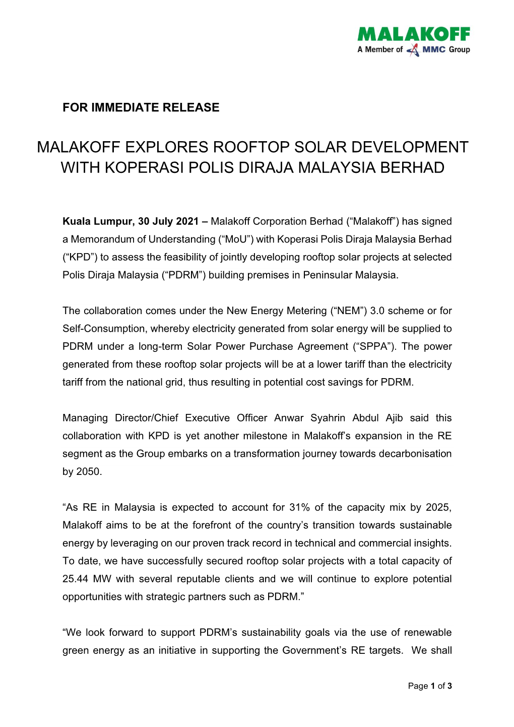 Malakoff Explores Rooftop Solar Development with Koperasi Polis Diraja Malaysia Berhad