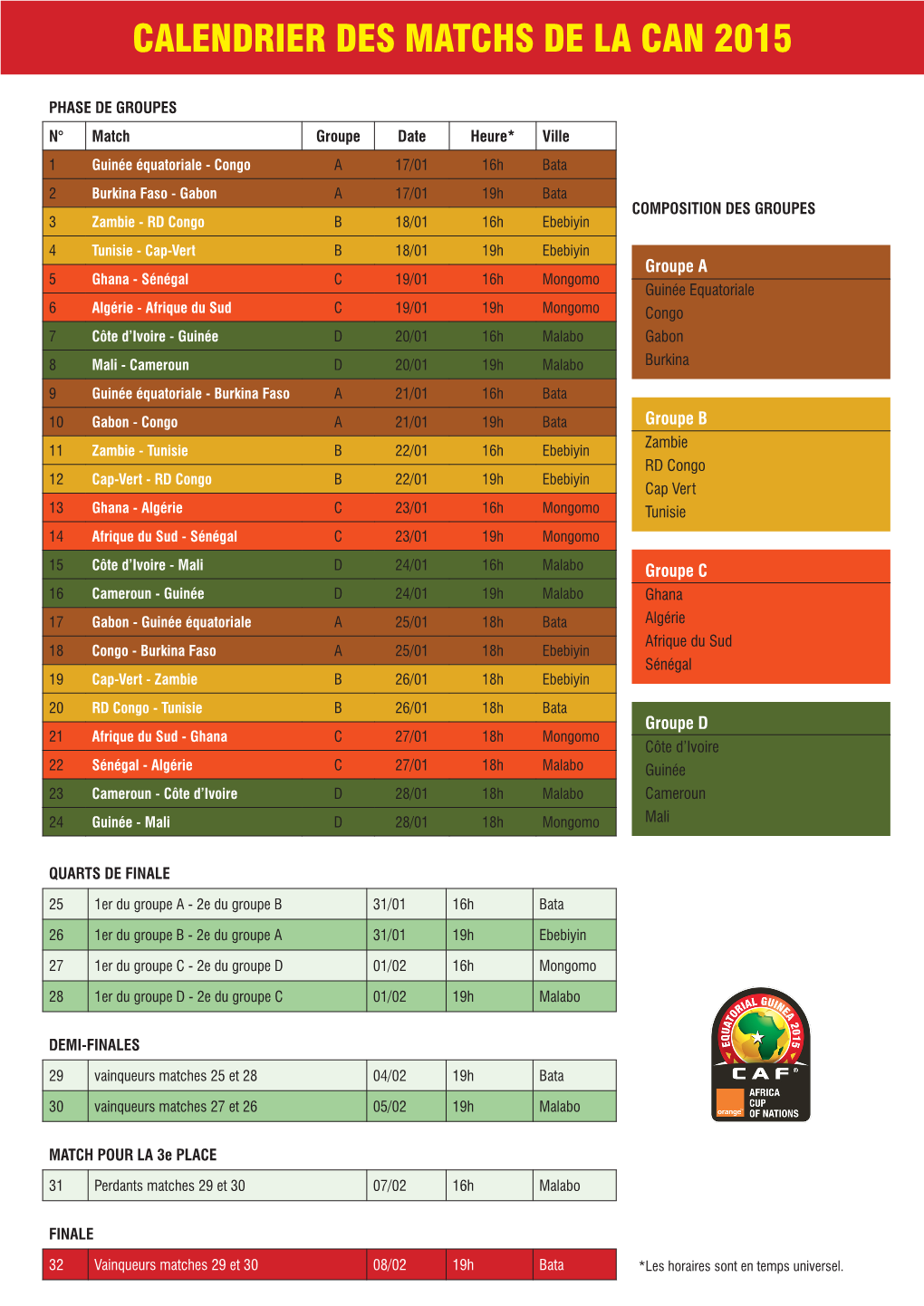 Calendrier Des Matchs De La Can 2015