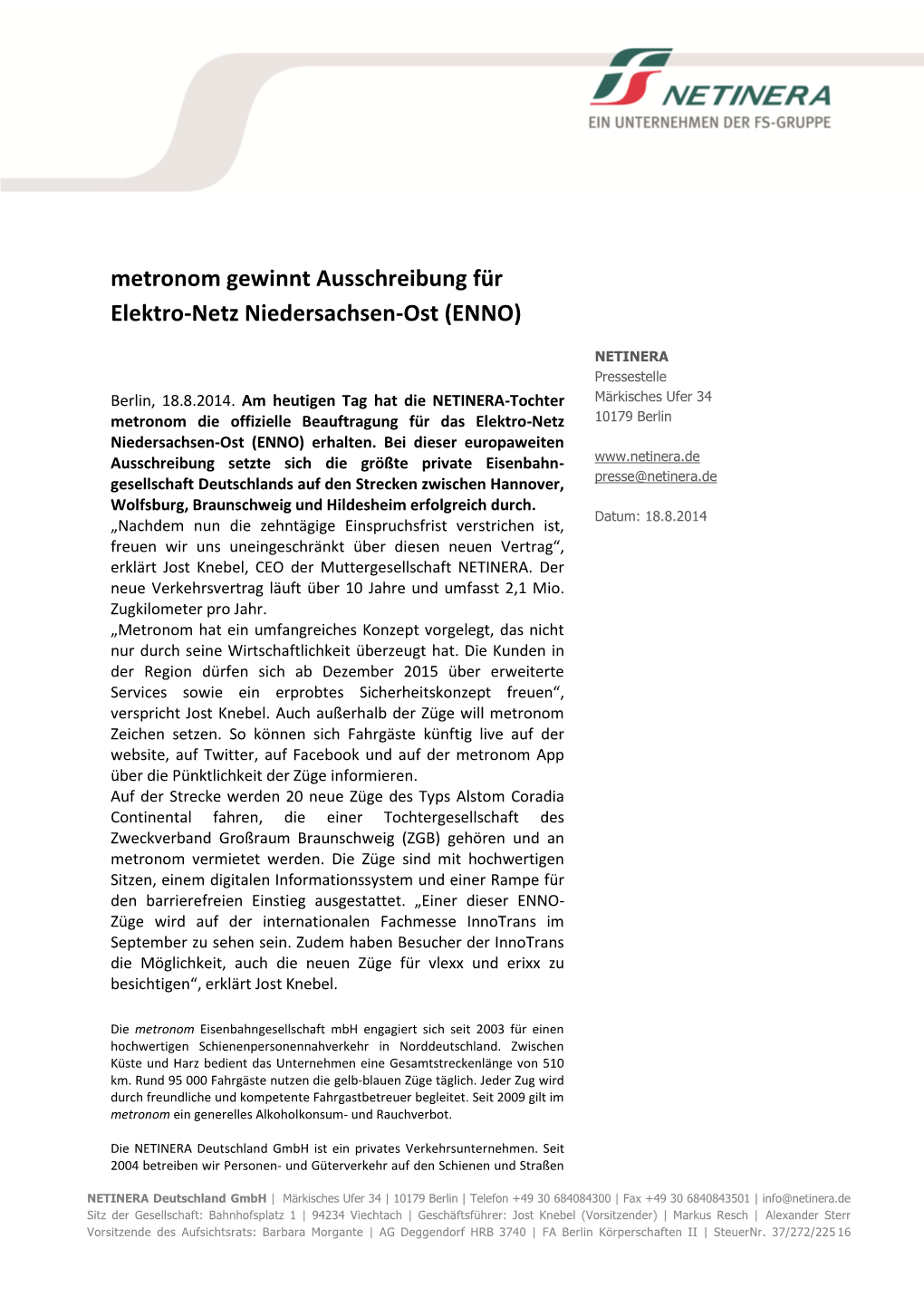 Metronom Gewinnt Ausschreibung Für Elektro-Netz Niedersachsen-Ost (ENNO)