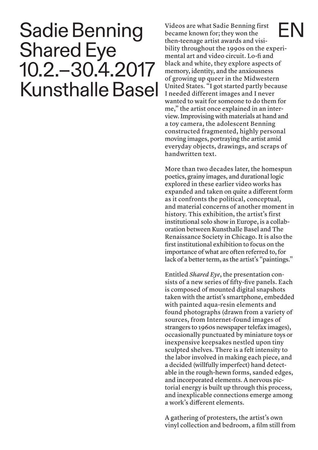 EN Sadie Benning Shared Eye 10.2.–30.4.2017 Kunsthalle Basel