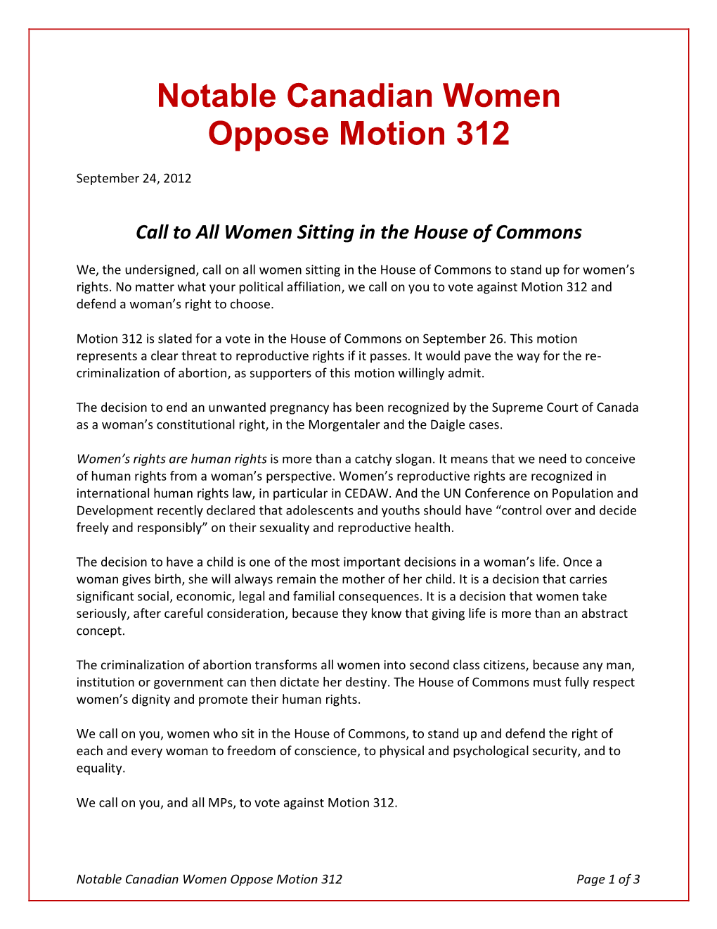 Notable Canadian Women Oppose Motion 312