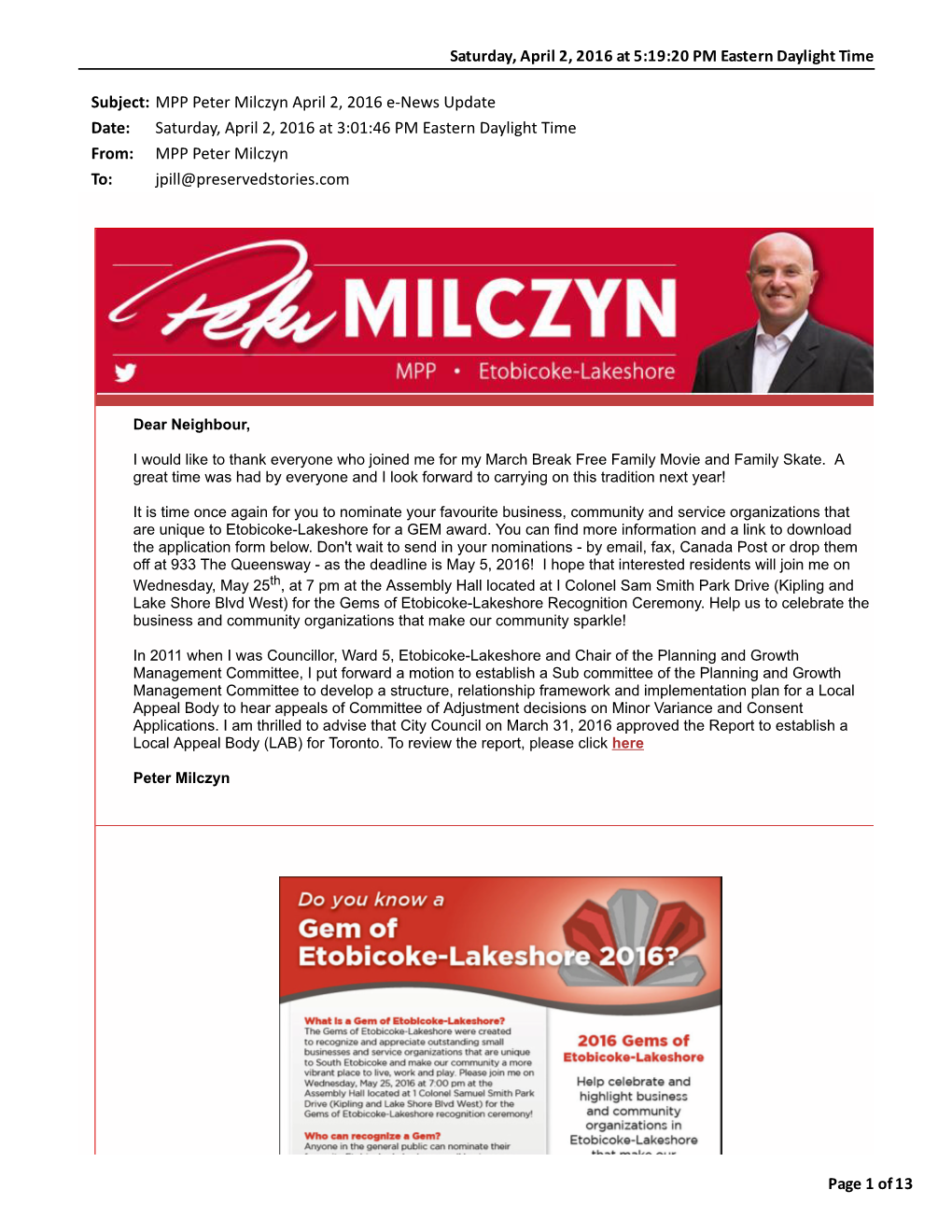 MPP Peter Milczyn April 2, 2016 E-New Update