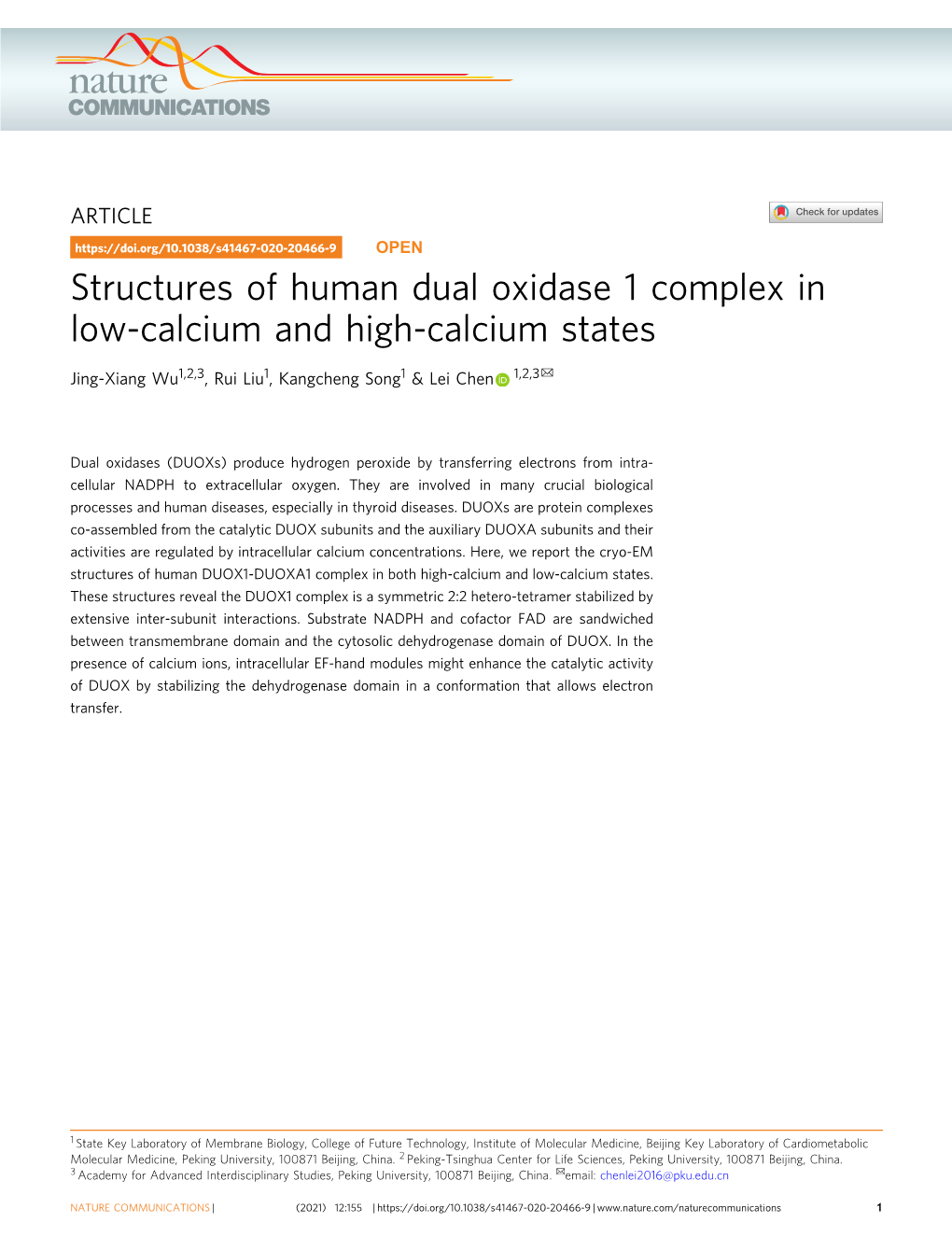 Structures of Human Dual Oxidase 1 Complex in Low-Calcium and High-Calcium States ✉ Jing-Xiang Wu1,2,3, Rui Liu1, Kangcheng Song1 & Lei Chen 1,2,3