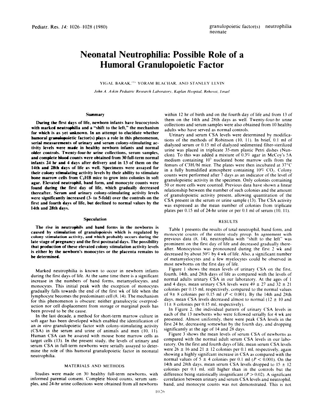 Neonatal Neutrophilia: Possible Role of a Humoral Granulopoietic Factor