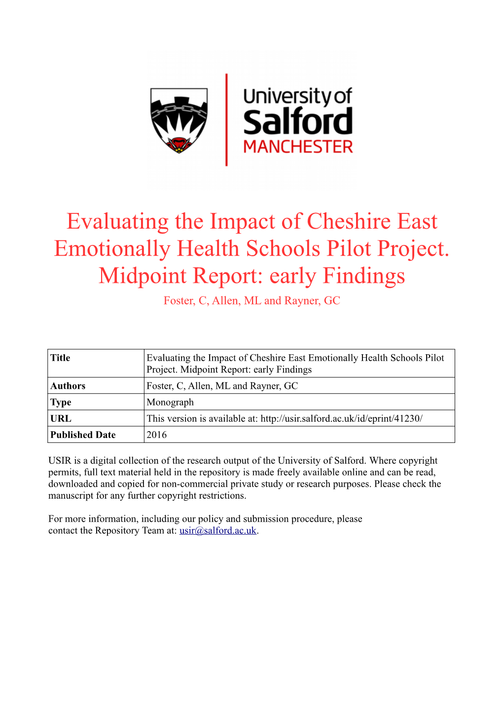 Evaluating the Impact of Cheshire East Emotionally Health Schools Pilot Project