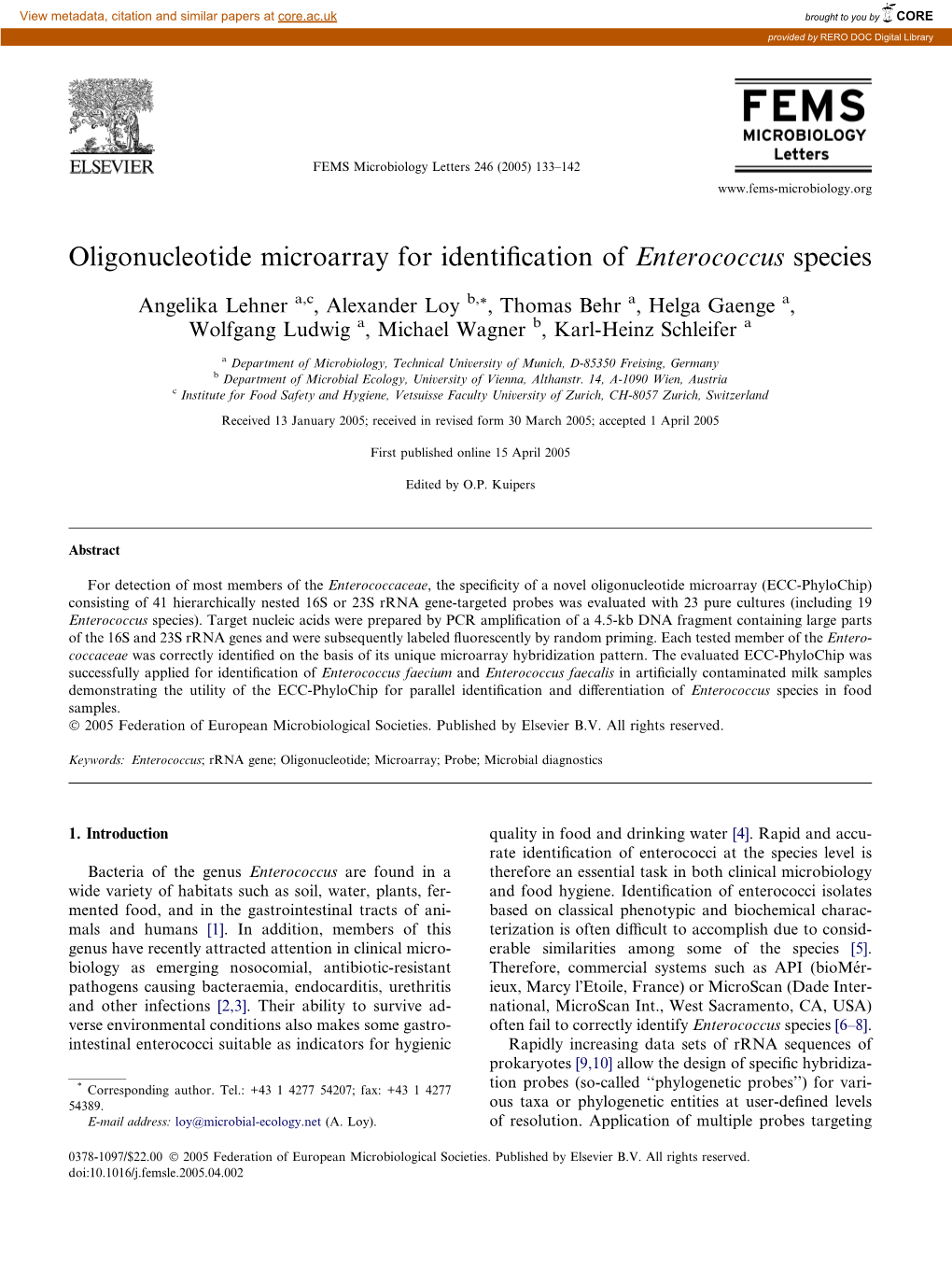 Oligonucleotide Microarray for Identification of Enterococcus Species