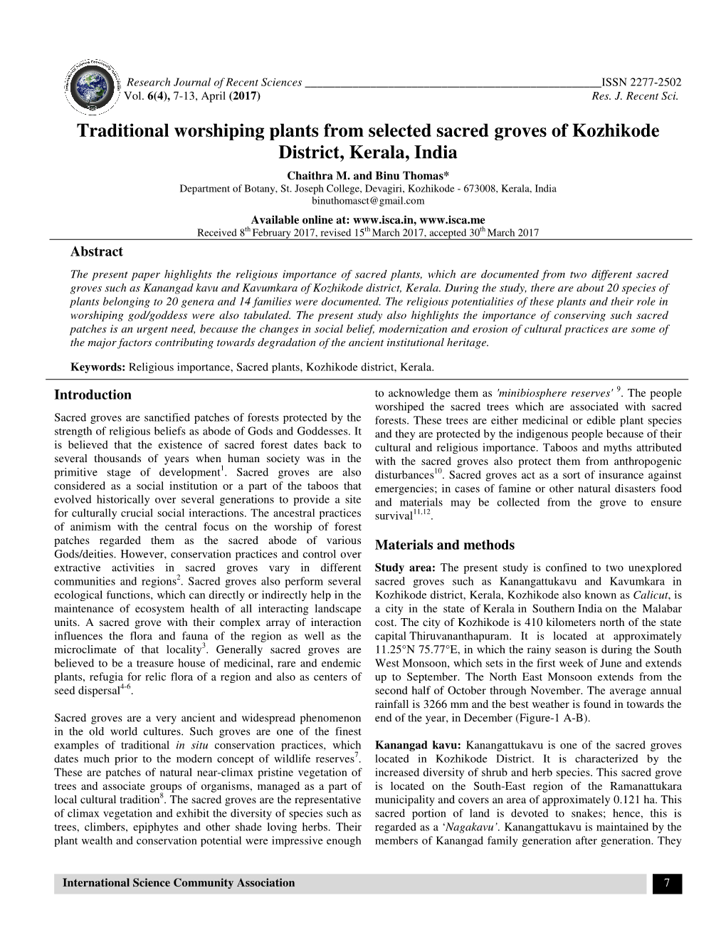 Orshiping Plants from Selected Sacred Groves of Kozhiko District, Kerala, India