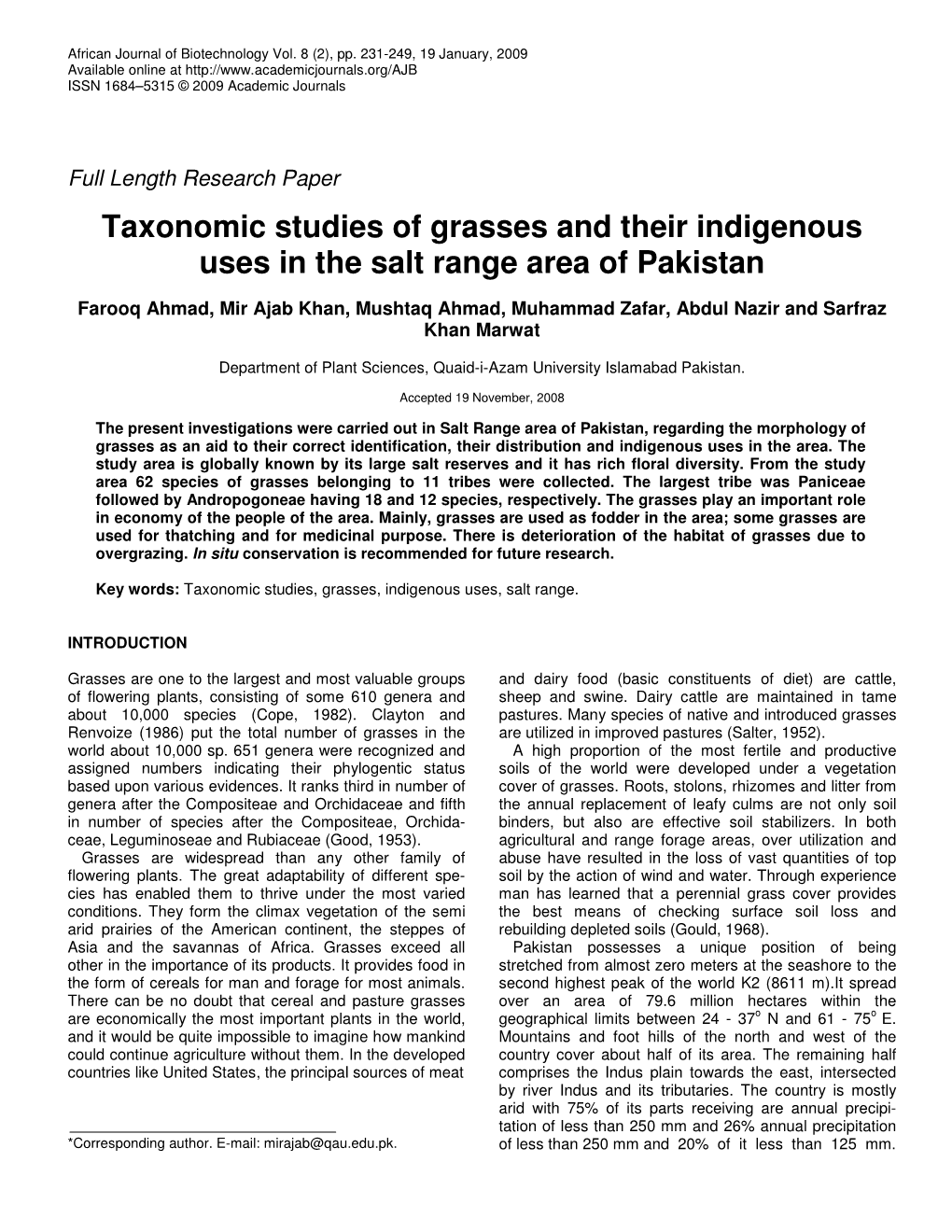 Taxonomic Studies of Grasses and Their Indigenous Uses in the Salt Range Area of Pakistan