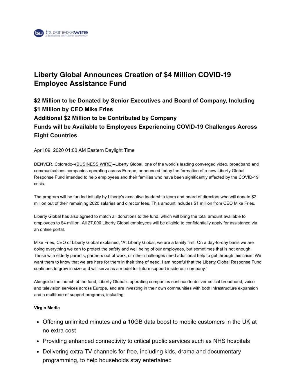 Liberty Global Announces Creation of $4 Million COVID-19 Employee Assistance Fund