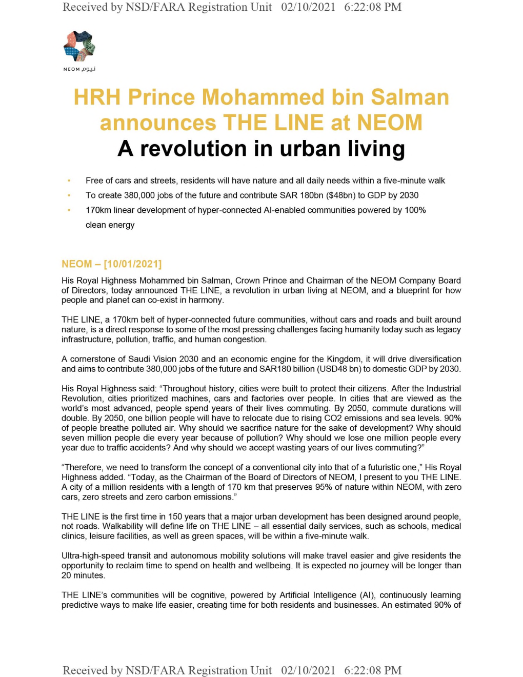 HRH Prince Mohammed Bin Salman Announces the LINE at NEOM a Revolution in Urban Living