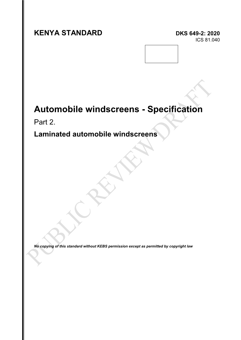 Automobile Windscreens - Specification