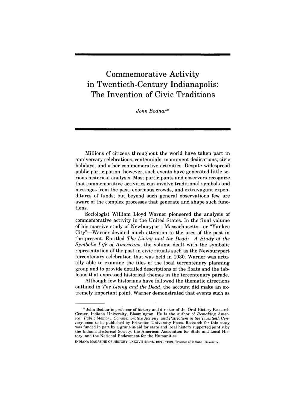 Commemorative Activity in Twentieth-Century Indianapolis: the Invention of Civic Traditions