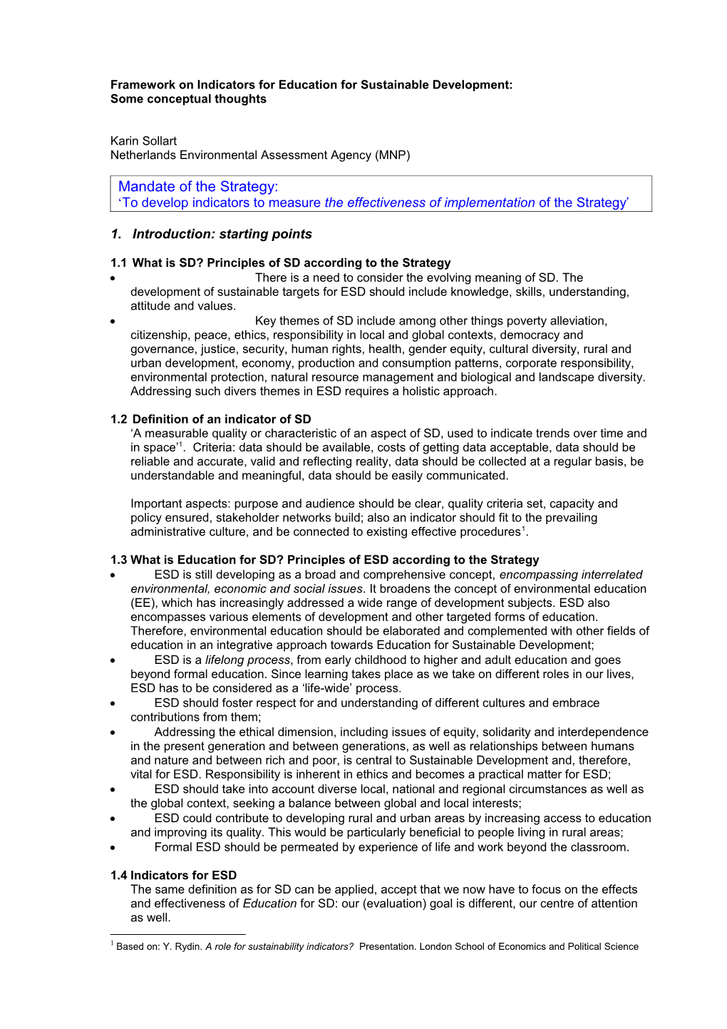 Conceptual Framework On Indicators For Education For Sustainable Development