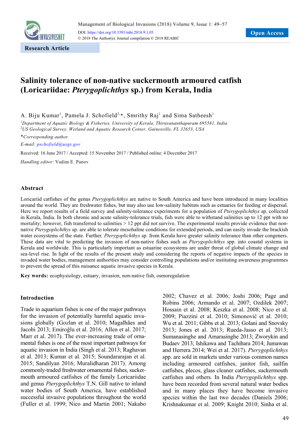 Salinity Tolerance of Non-Native Suckermouth Armoured Catfish (Loricariidae: Pterygoplichthys Sp.) from Kerala, India