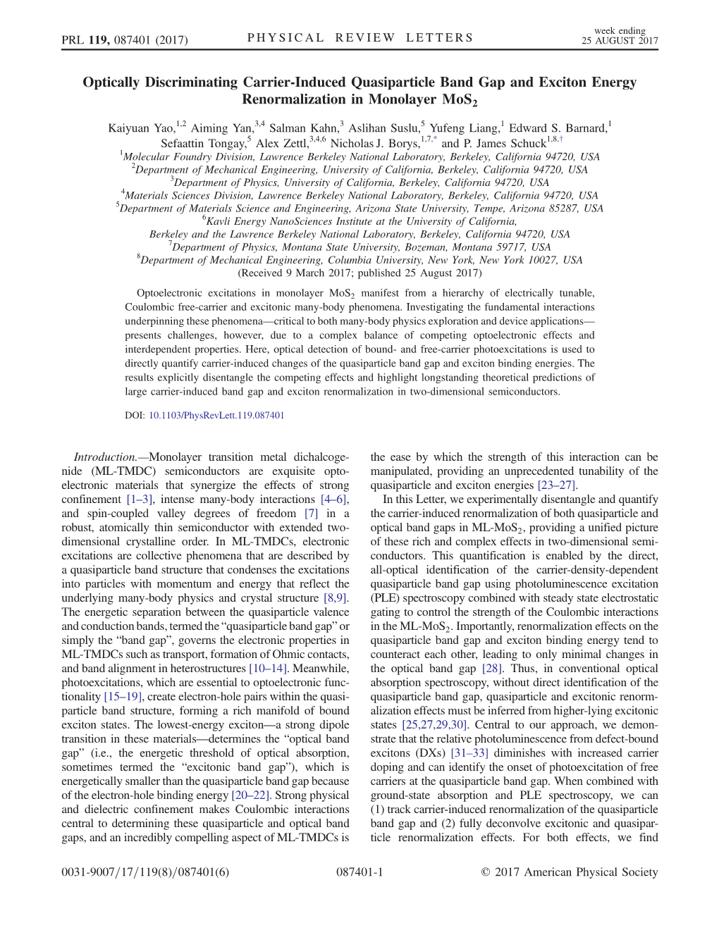 Optically Discriminating Carrier-Induced Quasiparticle Band Gap and Exciton Energy Renormalization in Monolayer Mos2