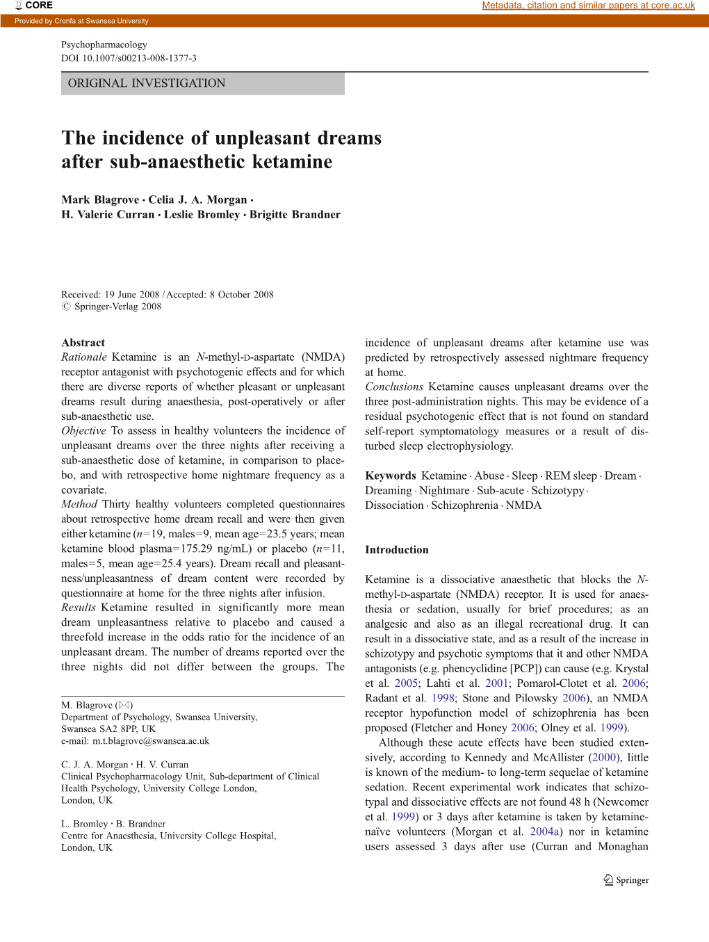 The Incidence of Unpleasant Dreams After Sub-Anaesthetic Ketamine