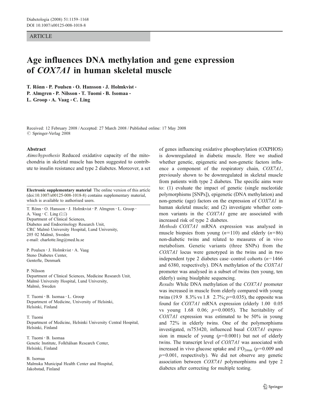 Age Influences DNA Methylation and Gene Expression of COX7A1 in Human Skeletal Muscle