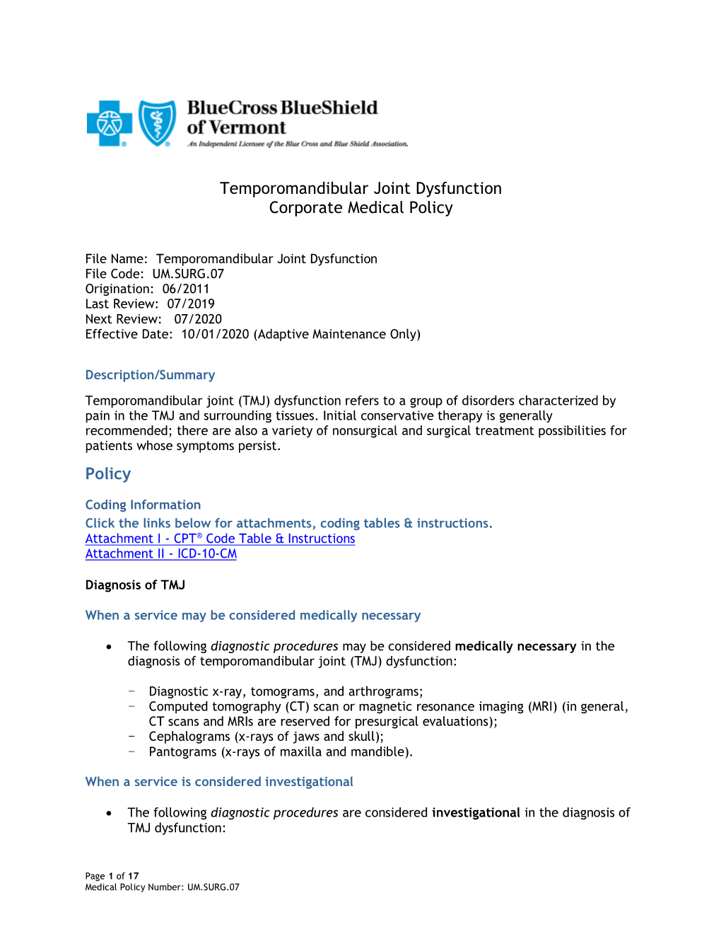 Temporomandibular Joint Dysfunction Corporate Medical Policy