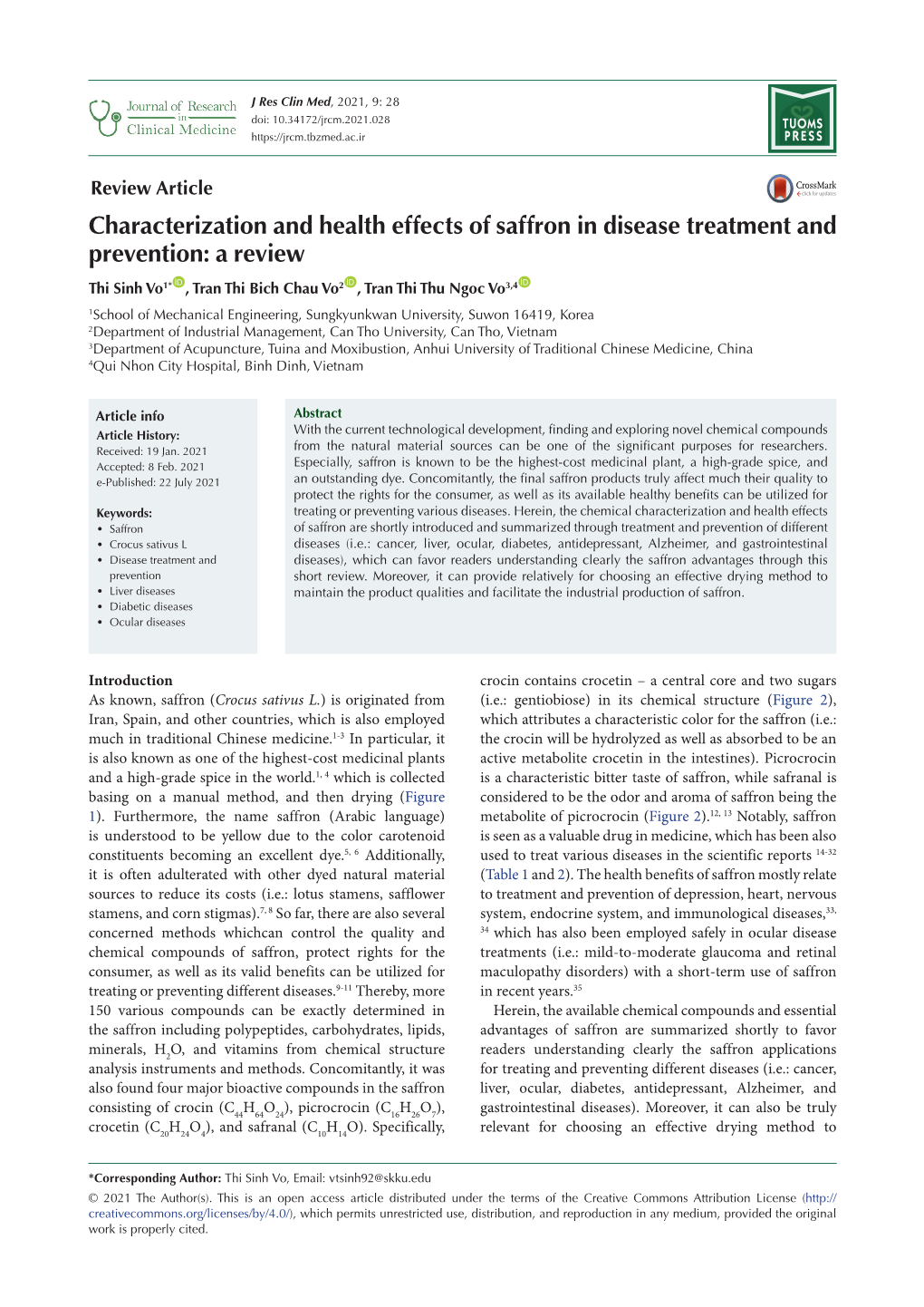 Characterization and Health Effects of Saffron in Disease Treatment And