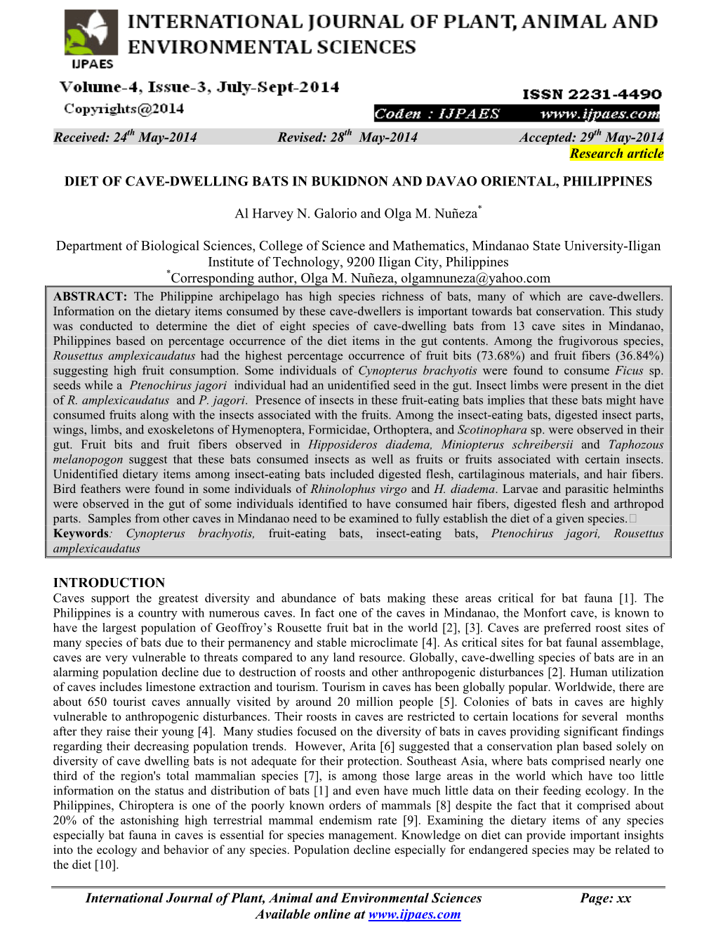 29 May-2014 Research Article DIET of CAVE-DWELLING BATS IN