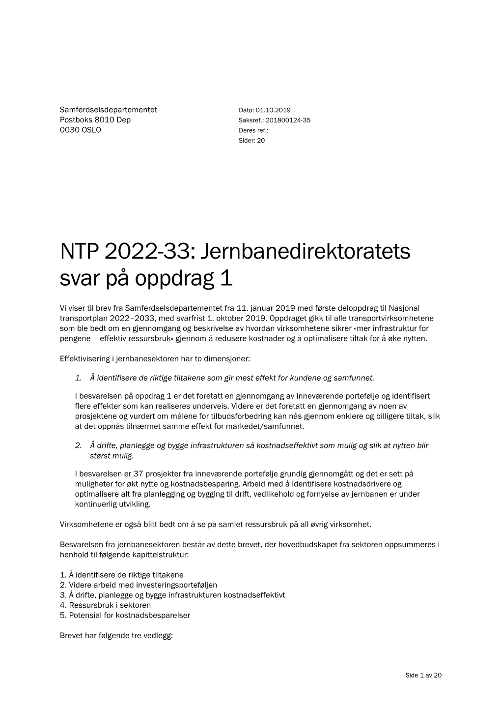 NTP 2022-33: Jernbanedirektoratets Svar På Oppdrag 1