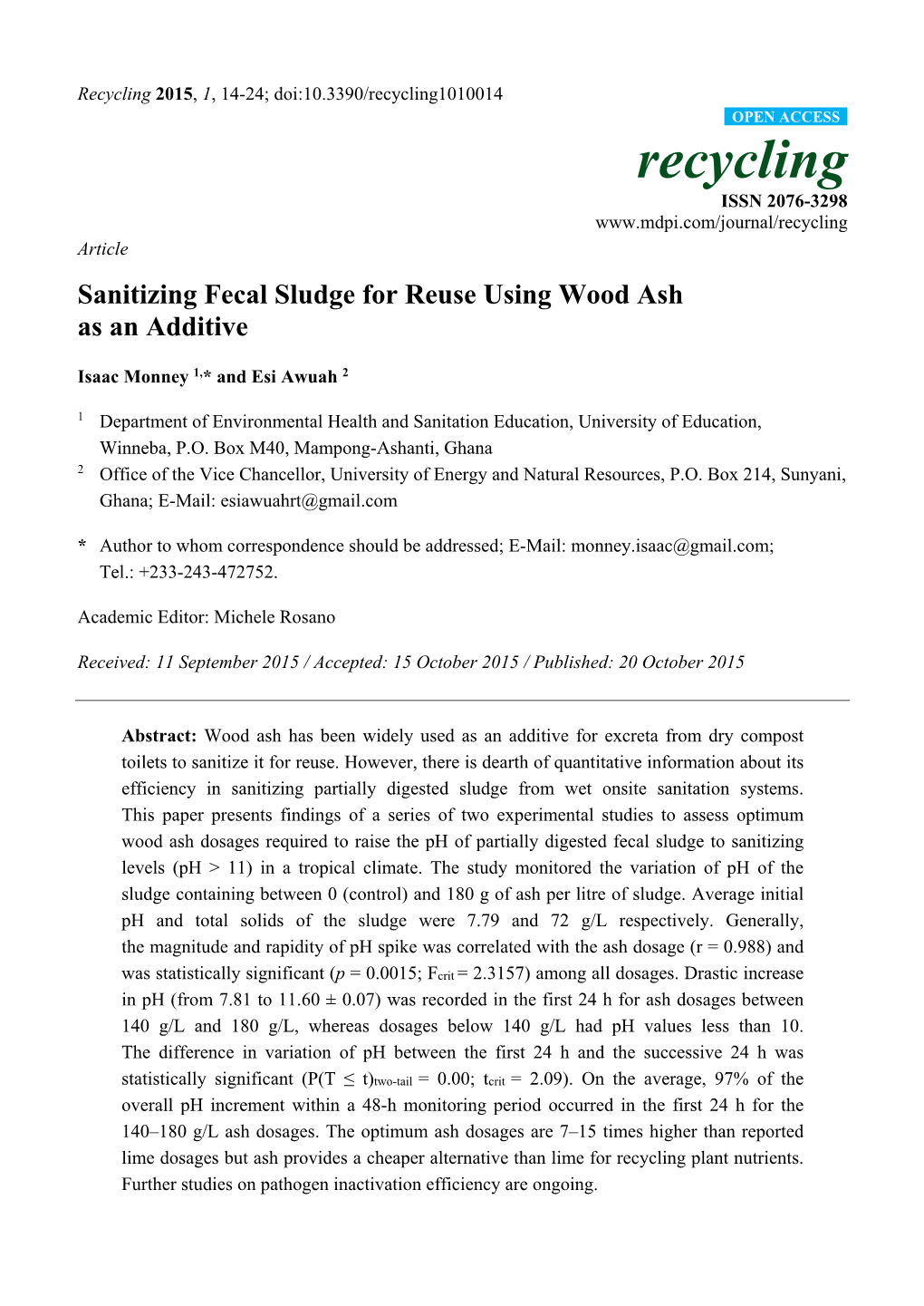 Sanitizing Fecal Sludge for Reuse Using Wood Ash As an Additive