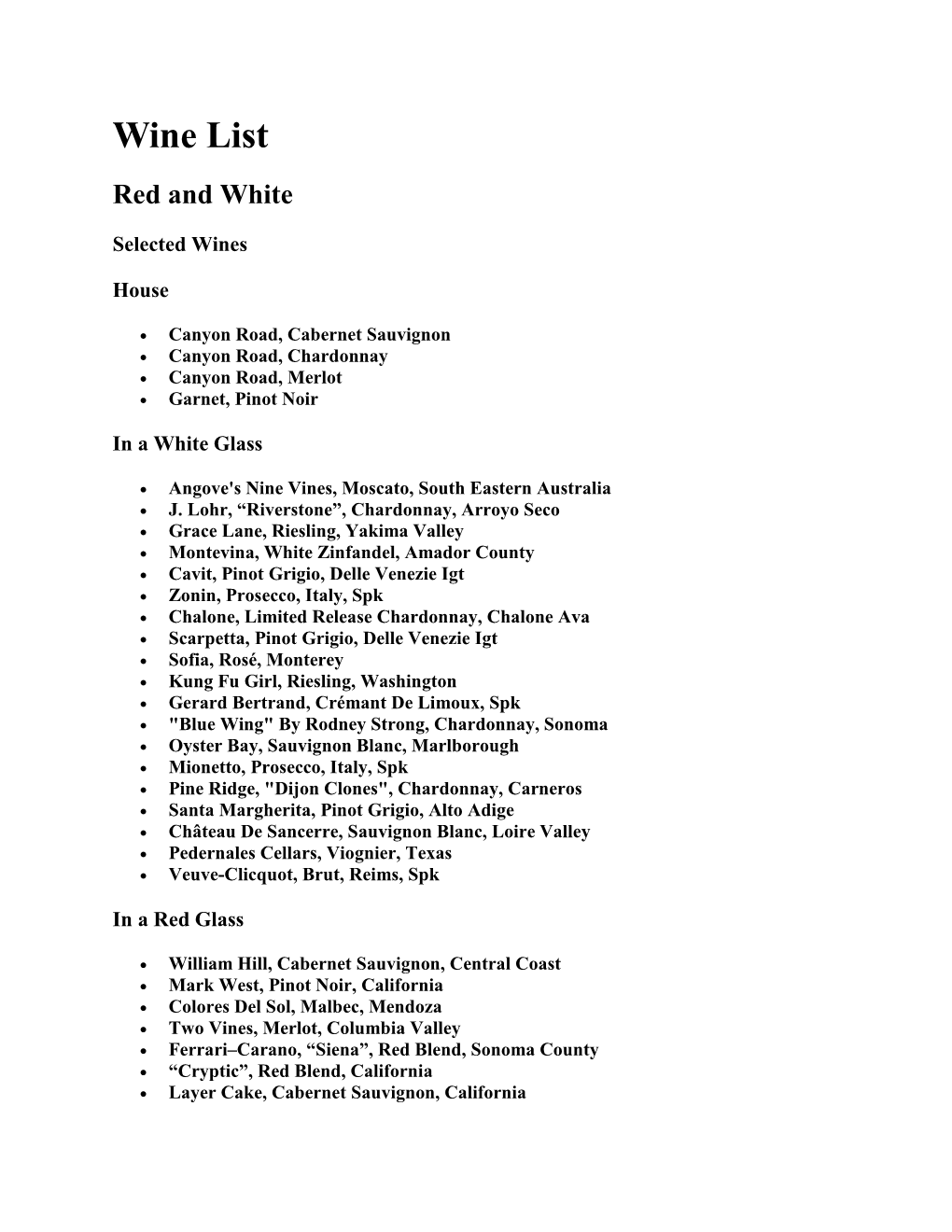 Wine List Red and White