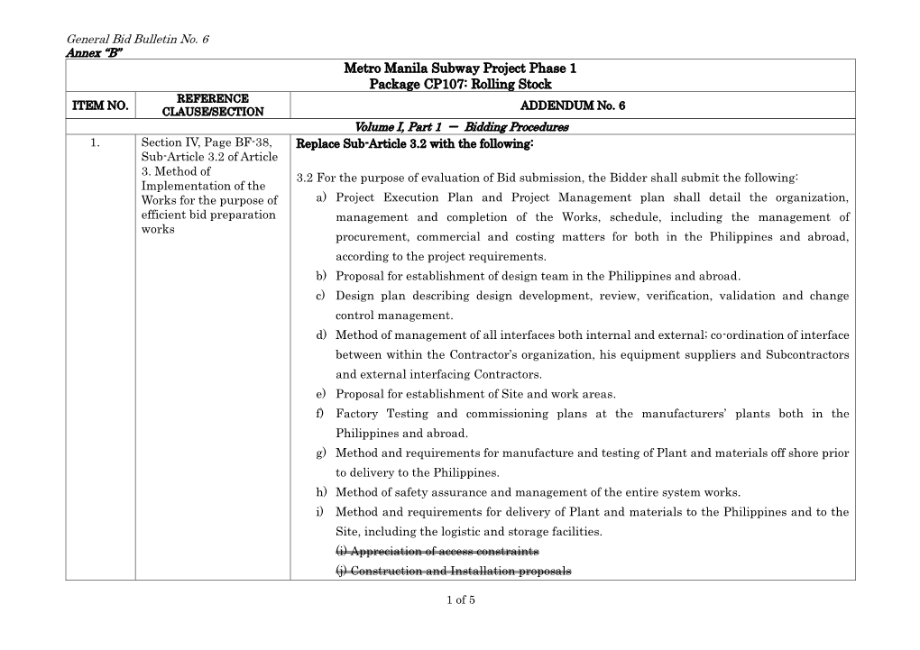 Metro Manila Subway Project Phase 1 Package CP107: Rolling Stock REFERENCE ITEM NO