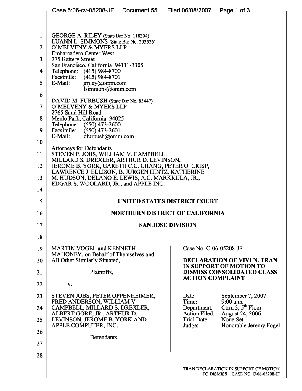 Vogel, Et Al. V. Apple Computer, Inc., Et Al. 06-CV-05208-Declaration Of